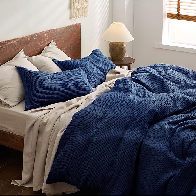Bedsure Cotton Duvet Cover King - 100% Cotton Waffle Weave Navy Blue Duvet Cover King Size, GentleSoft™ and Breathable Bedding Set for All Season, 3 Pieces, 104"x90"