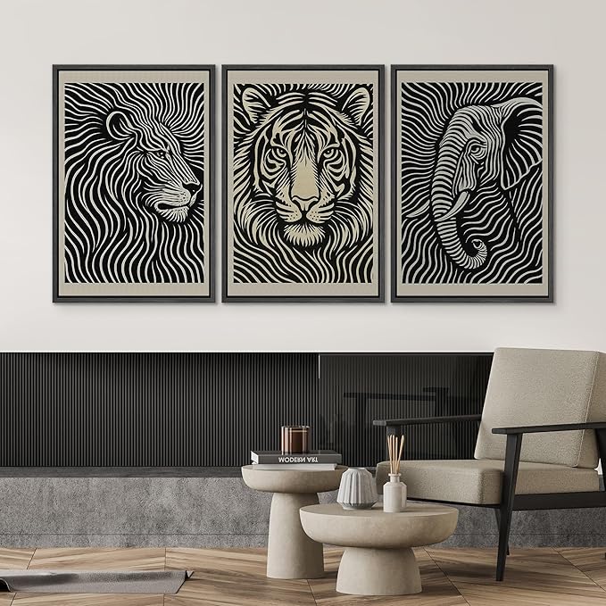 SIGNWIN Framed Canvas Print Wall Art Safari Animal Portrait Lion, Tiger, and Elephant Photography Modern Art Minimalist Black and White for Living Room, Bedroom, Office - 24"x36"x3 Black