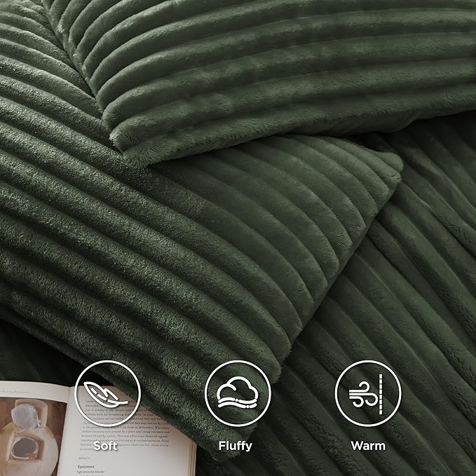Bedsure Fluffy Duvet Cover Set - Ultra Soft Plush Shaggy Comforter Cover King Size, Warm Flannel Fleece Bed Sets for Winter, 3 Pieces (Striped Pattern, Green)
