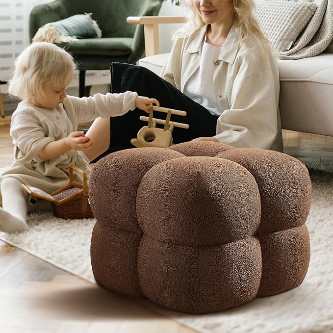 Zesthouse Square Pouf Ottoman Footstool, Modern Ottoman Coffee Table for Living Room, Poofy Boucle Stool Foot Rest, Upholstered Tufted Stool for Couch, Cube Makeup Vanity Chair Backless, Brown Reddish