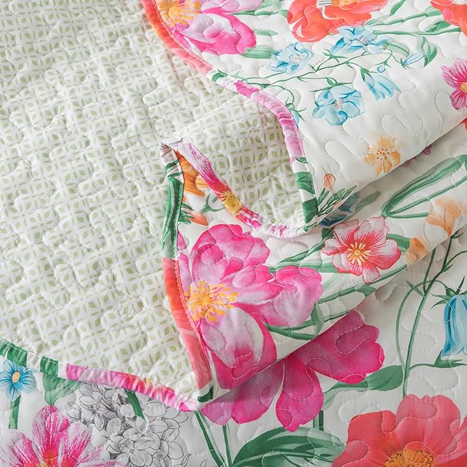 Travan Floral Quilt Queen Quilt Set, Ultra Soft Reversible Queen Quilt Bedding Set with 1 Quilt Set and 2 Shams Red Flower Quilt for All Season, Coreopsis-Red, Queen