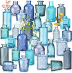 Yaomiao 30 Pcs Vases Bulk Colored Flower Glass Vases Bud Vintage Colored Glass Bottles Colorful Rustic Embossed for Home Wedding Table Decorations Gifts(Blue Series)