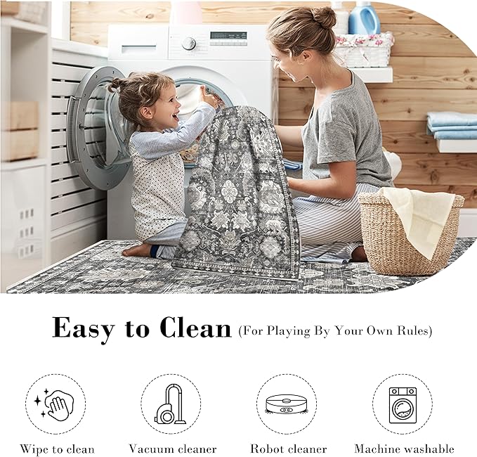 RUGSURE Washable Area Rugs - Perfect for Living Room, Bedroom, Kids Room, Nursery - Stain & Water Resistant Non-Slip, Pet & Child Friendly, Vintage Tribal Area Rugs (Grey, 2'6'' x 8')