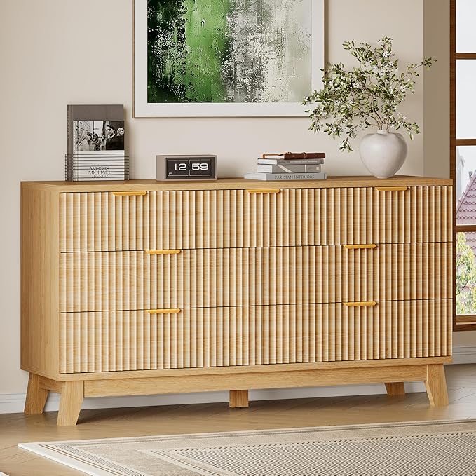 57" Long Dresser for Bedroom, 7-Drawer Fluted Chest, Wide Wood Storage Dresser with Metal Slides and Handles, Stable Base, Modern Clothes Organizer for Primary Suite, Guest Room, Nursery
