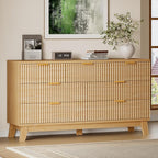 57" Long Dresser for Bedroom, 7-Drawer Fluted Chest, Wide Wood Storage Dresser with Metal Slides and Handles, Stable Base, Modern Clothes Organizer for Primary Suite, Guest Room, Nursery