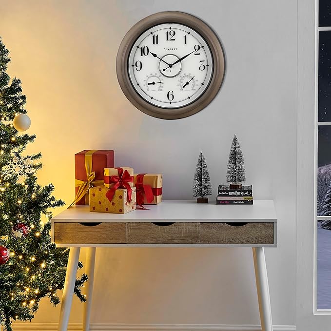 CLXEAST Illuminated Outdoor Clocks Waterproof 18 Inch with Smart Sensor,Large Outdoor Pool Clock with Temperature & Hygrometer,Grey Oak/Faux Barnwood,House Warming Gifts New Home