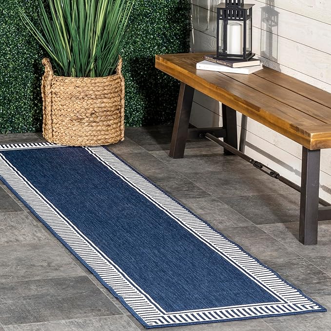 nuLOOM 2' x 8' Outdoor Area Rug, Casual Design With Striped Border, Stain Resistant, Highly Durable, For Patio, Balcony, Bedroom, Living Room, Dining Room, Bathroom, Navy