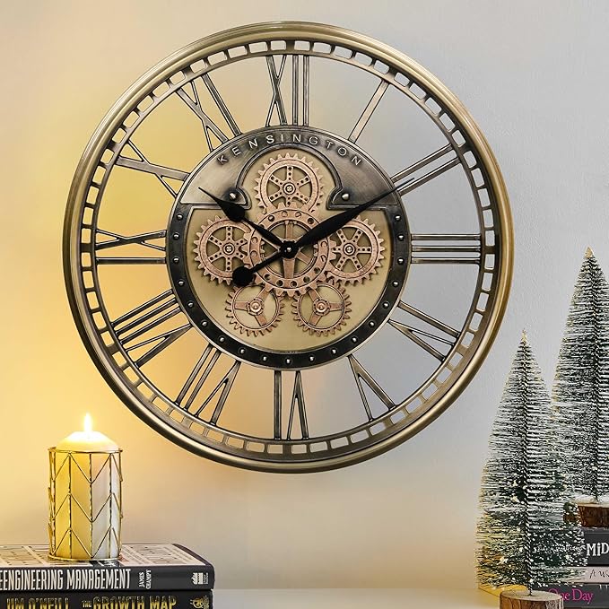 CLXEAST 28 Inch Gold Moving Gear Wall Clock for Modern Living Room Decor,Oversized Large Metal Roman Numeral Wall Clocks for Farmhouse Home Décor,House Warming Gifts New Home