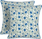 Ridhi Queen Blue Block Print Preppy Grandmillennial Pillow Cover Set of 2-18" x 18" Throw Pillow for Home White Floral Pillow Cover Grandmillennial Home Decor Thanksgiving