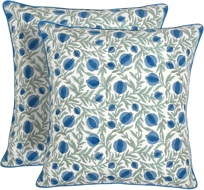 Ridhi Queen Blue Block Print Preppy Grandmillennial Pillow Cover Set of 2-18" x 18" Throw Pillow for Home White Floral Pillow Cover Grandmillennial Home Decor Thanksgiving