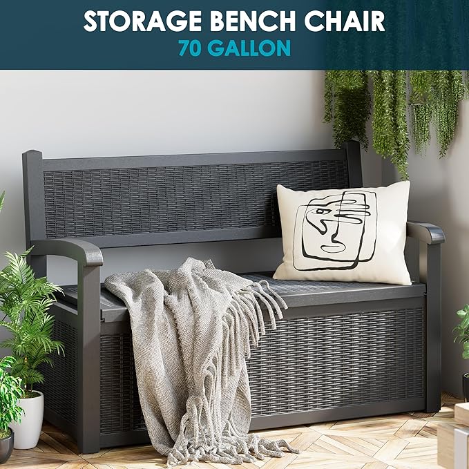 70 Gallon Storage Bench Deck Box for Patio Furniture with Armrest Bench Outdoor Storage