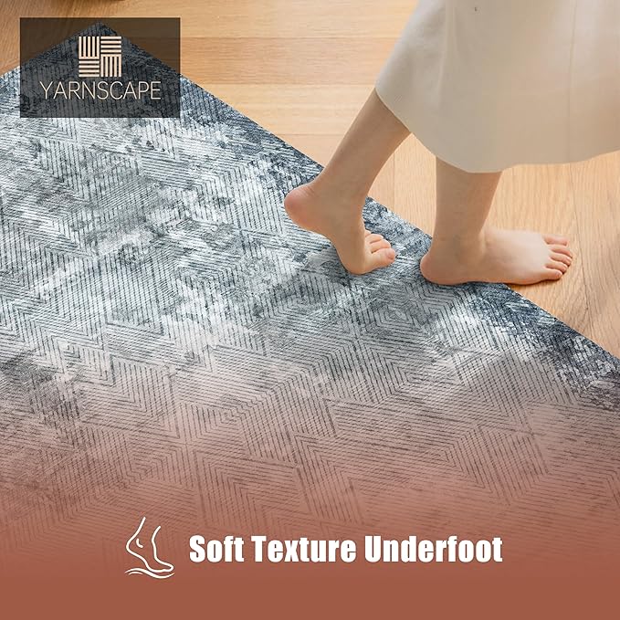 6' x 9' Washable Area Rug - Low Pile Soft Vintage Indoor Rug for Living, Dining or Bedroom - Lightweight Carpet with Non-Slip Backing - Foldable for Easy Placement, Blue