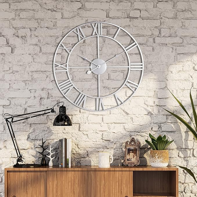 Large Wall Clock, Metal Retro Roman Numeral Clock, Modern Round Wall Clocks Almost Silent, Easy to Read for Living Room/Home/Kitchen/Bedroom/Office/School Decor (Silver, 16 Inch)