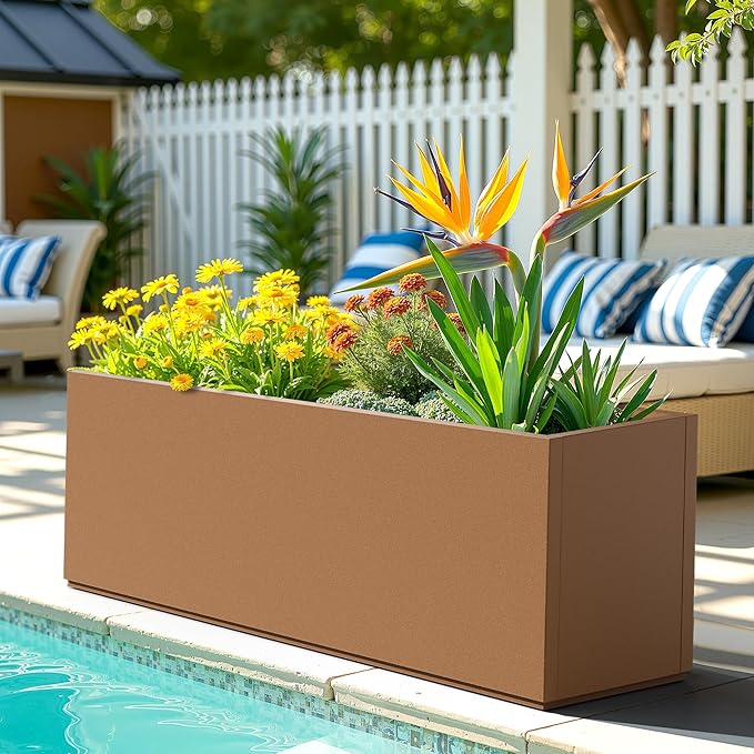 FENCY Large Metal Planter, Large Rectangular Planters for Outdoor Plants, Tall Outdoor Planters for Porch Patio, 38" L x 15" W x 16.3" H Brown Metal Planter with Drainage Hole