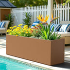 FENCY Large Metal Planter, Large Rectangular Planters for Outdoor Plants, Tall Outdoor Planters for Porch Patio, 38" L x 15" W x 16.3" H Brown Metal Planter with Drainage Hole
