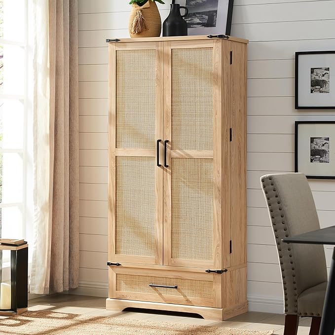72" Tall Rattan Kitchen Pantry Cabinet with Drawer, Boho Storage Cabinet with 2 Rattan Doors and Shelves, Versatile Large Cabinet for Dining Room, Bathroom, Living Room, Laudry, Natural Oak