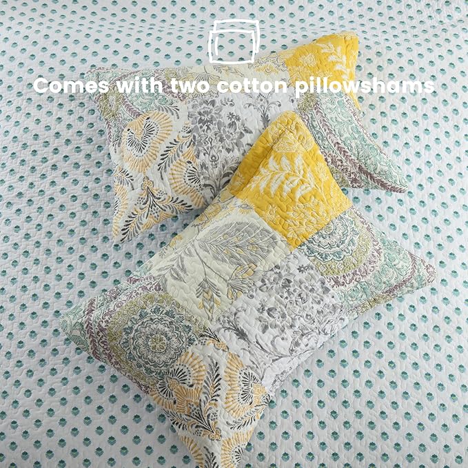 Secgo King Size Comforter Set- 100% Cotton Quilt King Size Set, Green, Sage bedspreads (96 * 108 Inch) with 2 Pillow Shams, Patchwork Reversible Lightweight Bedding