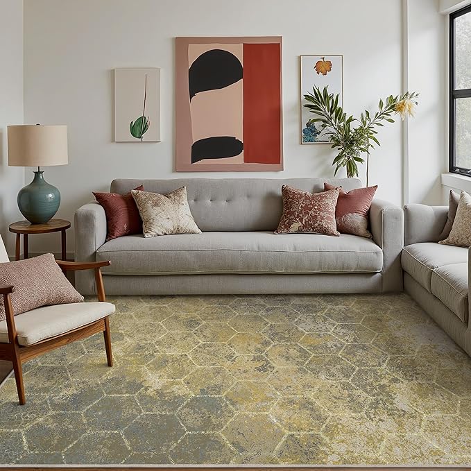 Area Rugs 8x10 for Living Room Bedroom, Modern Abstract Honeycomb Geometric Design, Machine Washable Rug, Large Soft Low Pile Floor Cover with Non Slip Backing for Dining Room, Brown/Tan