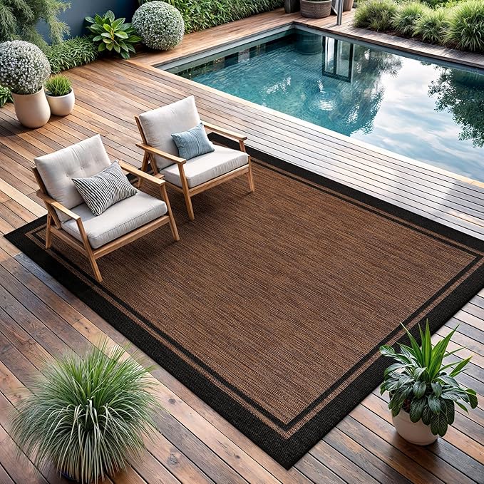 CAMILSON Indoor Outdoor Rug, 6x9 Bordered Nut Brown Black Modern Area Rugs for Indoor and Outdoor Patios, Kitchen and Hallway Mats, Washable Porch Deck Outside Carpet (Bordered Nut Brown Black, 6 x 9)