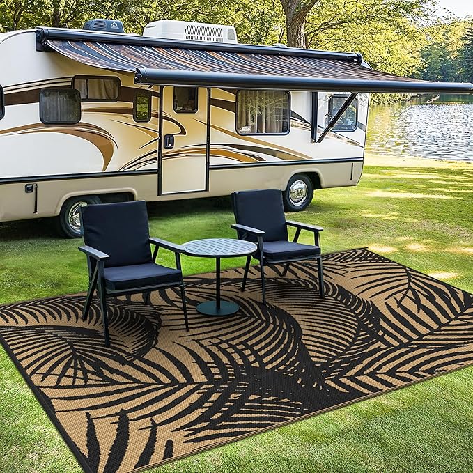 GENIMO Outdoor Rug 5' x 8' Waterproof for Patio Clearance, Reversible Plastic Straw Camping Carpet, Lightweight Mats for Rv, Backyard, Deck, Porch, Picnic, Beach, Balcony, Black & Brown