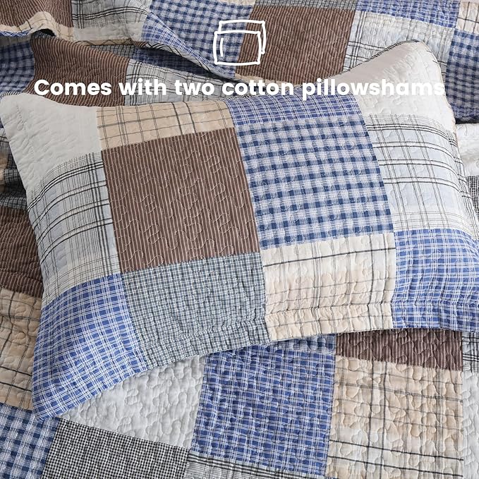 Secgo King Size Comforter Set- 100% Cotton Quilt King Size Set, Bule, Plaid bedspreads (96 * 108 Inch) with 2 Pillow Shams, Patchwork Reversible Lightweight Bedding