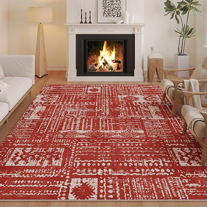 Rugcomf Living Room Rug 6x9 Rug Machine Washable Boho Area Rug Non Slip Moroccan Vintage Low Pile Large Rug for Living Room, Bedroom, Farmhouse, Dining Room, Kids Playroom(Terracotta)