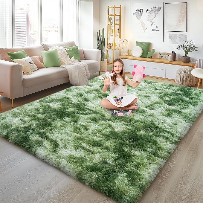 6x9 Fluffy Fuzzy Area Rug for Living Room Bedroom, Ultra Soft Large Living Room Rugs, Non Slip Thick Shag Rug for Dorm, Kids Girls Boys Rug for Home Decor Aesthetic, Tie-Dyed Green