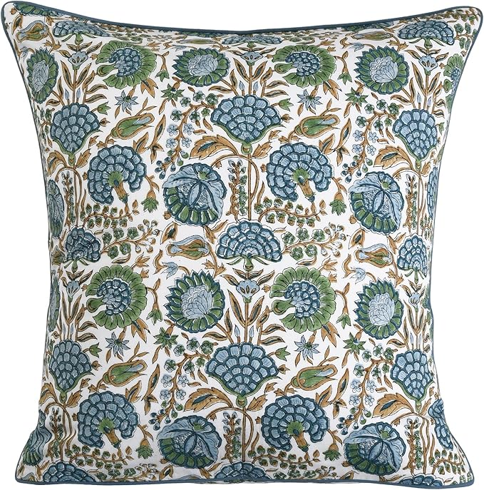 Ridhi Block Print Pillow Cover Asparagus Green Cotton Throw Case Decorative for Couch Pillows Living Room, Chic Boho Cute Thanksgiving Christmas, Fall Gifts 16 x16 Inches