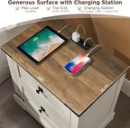 T4TREAM 24" Farmhouse Nightstand with Charging Station Set of 2, Large End Table with 2 Storage Drawers, Rustic Wood Sofa Bedside Table for Bedroom, Antique White