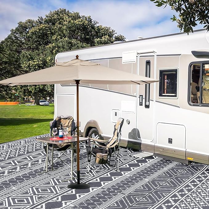 GAOMON Outdoor Rug Waterproof 8'x10', Reversible Outdoor Plastic Straw Rug, Boho Patio Rug, Indoor Outdoor Carpet, RV Mat Outside for Patio, Camp, Picnic, Balcony, Deck, Grey/White(Bohemia)