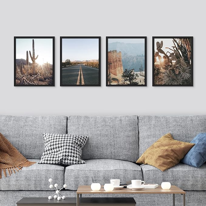 SIGNWIN Framed Cactus Desert Landscape Wall Art, Set of 4 Southwest Texas Arizona Saguaro Wall Decor Prints, Nature Wilderness Wall Décor for Living Room, Bedroom - 11"x14"x 4 Black