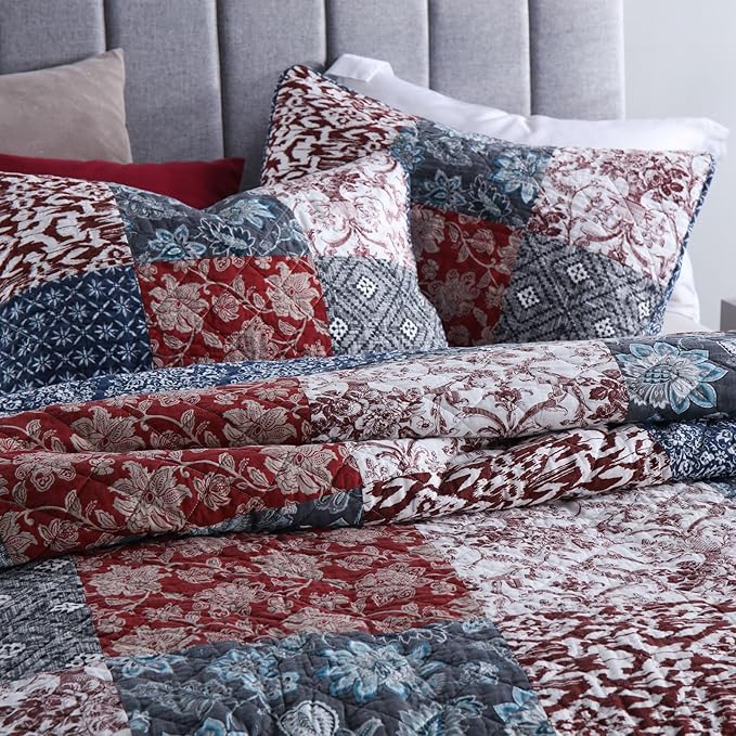 Secgo Twin Comforter Set for Bed - 100% Cotton Quilts Twin Size, Black Bedspreads with 2 Pillow Shams, Patchwork Reversible Lightweight Bedding