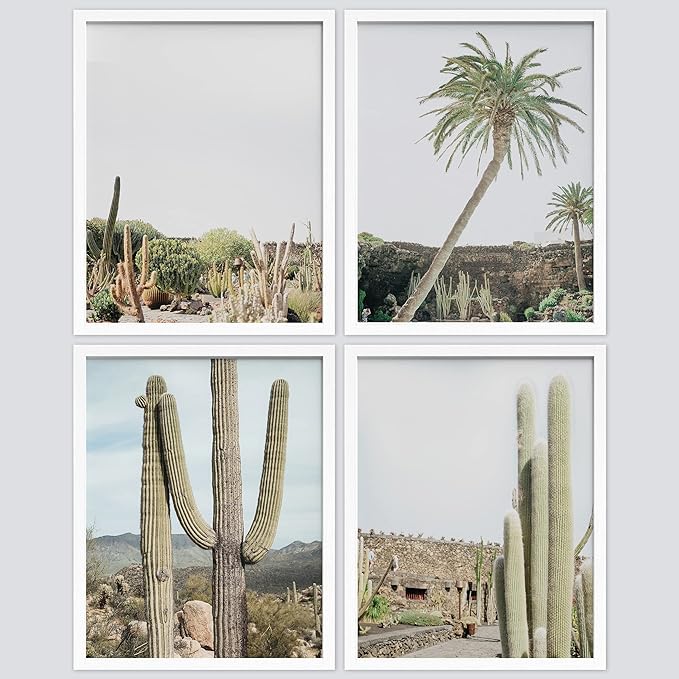 SIGNWIN Framed Tropical Palm Tree Saguaro Cactus Wall Art, Set of 4 Desert Landscape Wall Decor Prints, Nature Wilderness Wall Décor for Living Room, Bedroom Black - 12"x16" White