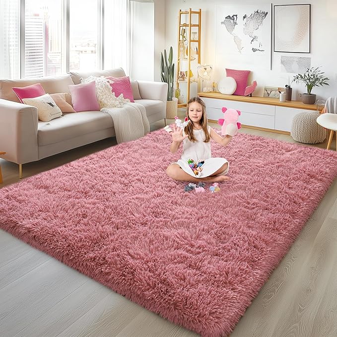 6x9 Fluffy Fuzzy Area Rug for Living Room Bedroom, Ultra Soft Large Living Room Rugs, Non Slip Thick Shag Rug for Dorm, Kids Girls Boys Rug for Home Decor Aesthetic, Cameo Pink