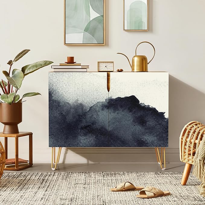 SIGNWIN Sideboard Buffet Cabinet, Kitchen Storage Cabinet with 2 Doors, Dark Duotone Watercolor Paint, Cupboard Console Table for Dining Room - 35" L x 18" W x 29" H