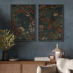 SIGNFORD Framed Canvas Print Wall Art Set Vintage Botanical Floral Dark Green and Rust Toned Illustration Modern Art Decorative Nordic Nature for Living Room, Bedroom, Office - 24"x36"x2 Black