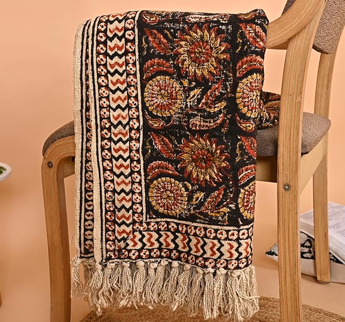 Bohemian Mud Cloth Handmade Throw with Tassels - 120x180 CM Handblock Printed Floral Cotton Blanket, Soft Handloom Sofa Throw for Living Room, Bed, Couch & Home Décor