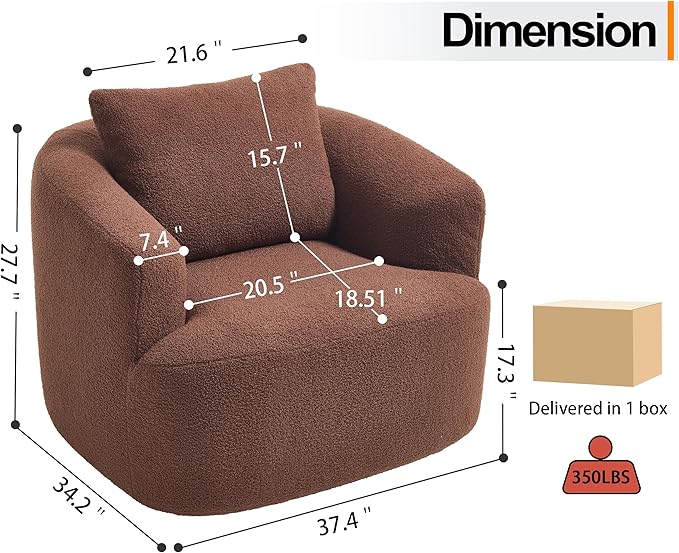 Luxlen Swivel Accent Chair with Pillow for Living Room, Teddy Fleece Upholstered Single Sofa, 360° Rotating Barrel Chair with Metal Base for Bedroom, Office, Apartment - Brown