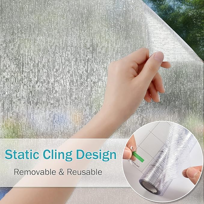 VELIMAX Rain Glass Window Film Privacy Static Window Clings Decorative Glass Sticker for Home Office Removable UV Protection Heat Control 23.6 x 157.48 inches