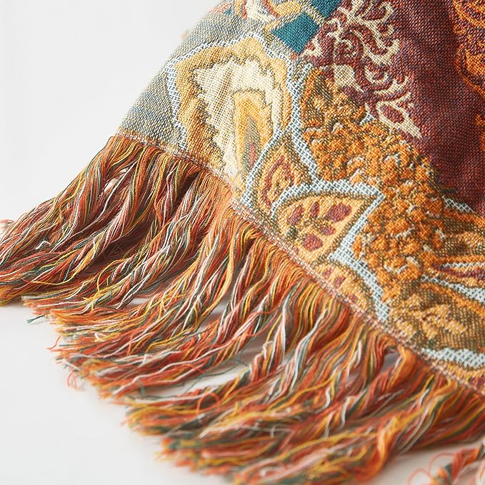Boho Throw Blanket for Bed 60”x80”, 100% Cotton Woven Blanket for Couch Sofa, Ultra Soft 4-Layer Muslin Quilt with Patchwork Floral Printed, Farmhouse Bed Blanket/Cover for Living Room Decor