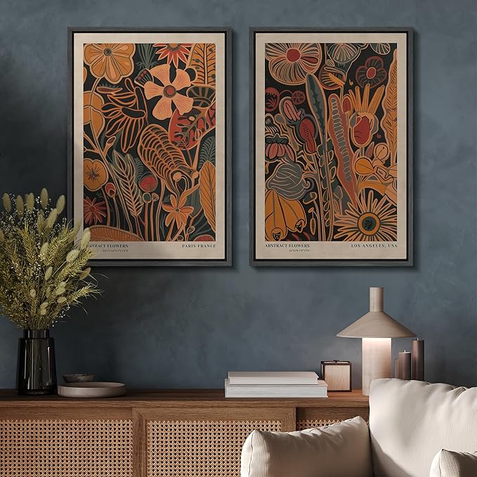 SIGNFORD Framed Canvas Print Wall Art Set Abstract Blossoms Vibrant Floral Illustration Modern Art Decorative Nordic Nature for Living Room, Bedroom, Office - 24"x36"x2 Black