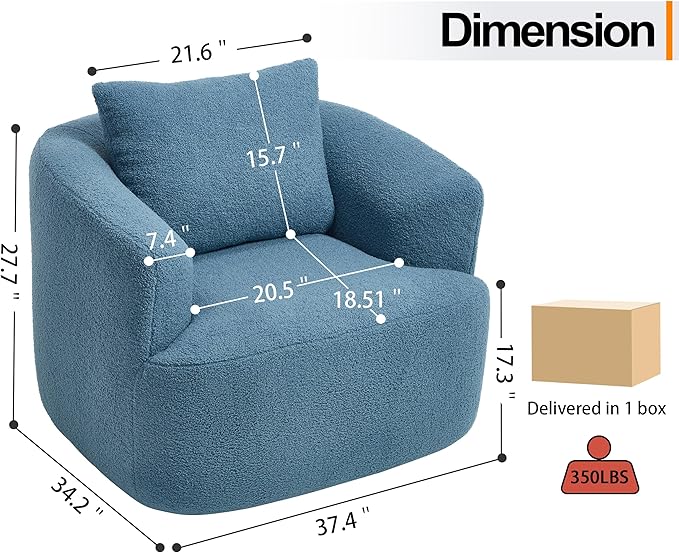 Luxlen Swivel Accent Chair with Pillow for Living Room, Teddy Fleece Upholstered Single Sofa, 360° Rotating Barrel Chair with Metal Base for Bedroom, Office, Apartment - Blue