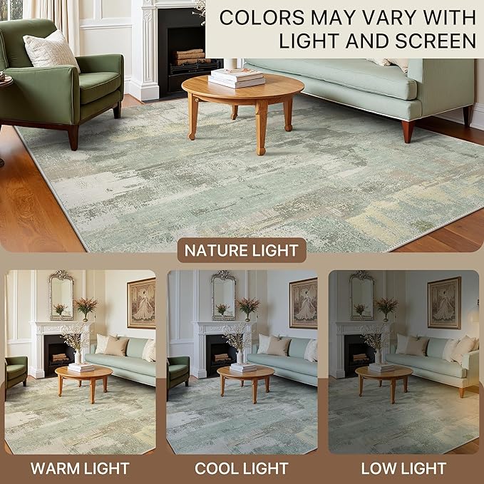 Area Rugs 8x10 for Living Room Bedroom, Modern Abstract Machine Washable Large Soft Sage Green Rug, Low Pile Floor Carpet with Non Slip Backing for Dining Room, Light Sage Mint Green