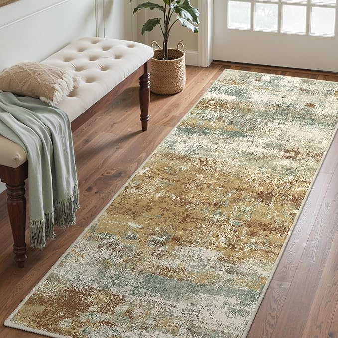 Runner Rug for Hallway Kitchen, 2'6"x10' Machine Washable Runners Rug for Entryway, Soft Modern Abstract Throw Rugs, Low Pile Floor Cover with Non Slip Backing, Orange Green