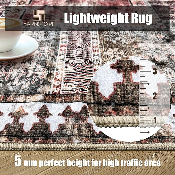 Vintage 8' x 10' Washable Area Rug - Stylish Indoor Rug for Living, Dining or Bedroom - Lightweight Carpet with Non-Slip Backing - Foldable for Easy Placement and Maintenance - Ivory