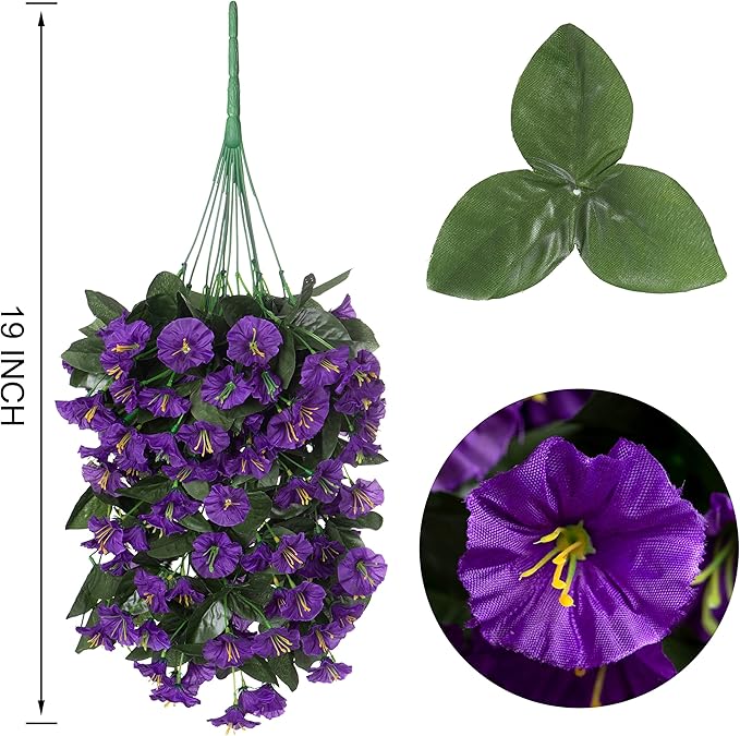 Artificial Fake Hanging Flowers Plants for Outdoor Outside Summer Decoration, 2PCS Faux Silk Morning Glory Purple UV Resistant Look Real Trailing Vines for Home Planter Porch Patio