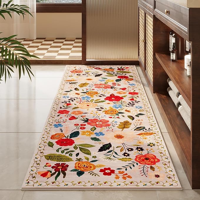 Runner Rug for Hallways Kitchen Rug Non Slip 2'6''x8' Washable Rugs with Rubber Backing Soft Floral Carpet Runner for Hallways, Kitchen, Laundry, Bedroom, Bathroom(Beige)