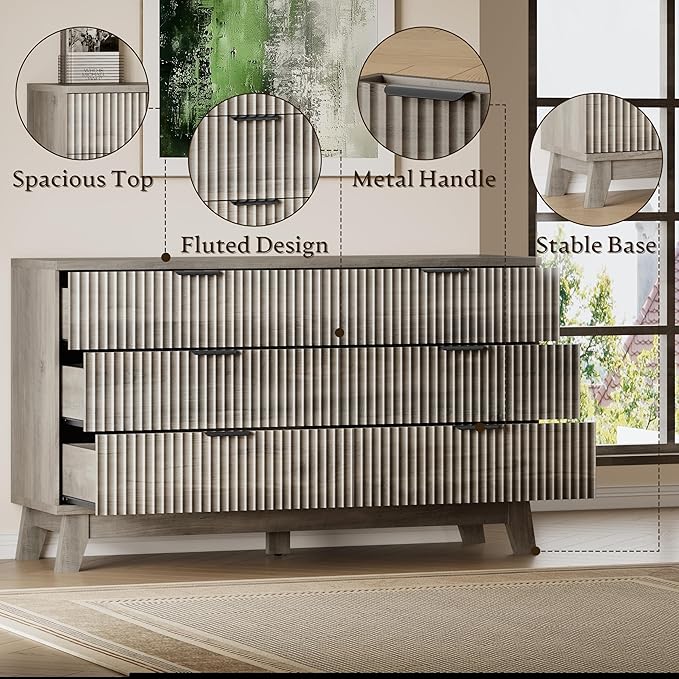 53" Long Dresser for Bedroom, 6-Drawer Dresser with Fluted Fronts, Wide Wood Chest of Drawers, Smooth Metal Slides, Stable Base, Modern Clothes Storage Cabinet for Living Room, Hallway