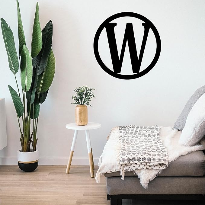 PK Décor Initial Letter Decor for Wall, Metal ACM Initial Sign for Home, 24 inch Block Weatherproof Outdoor Decor, Cursive Letter Circle Monogram Wreath Wedding Gift for Couple