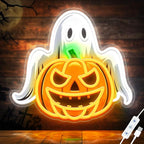 Spooky Glow Halloween Neon Signs for Wall Decor - Ghost & Pumpkin Led Neon Light Up Sign, Glow in Dark Indoor Decor for Porch Window Home Bar Party, Scary Halloween Decorations Gifts for Kids